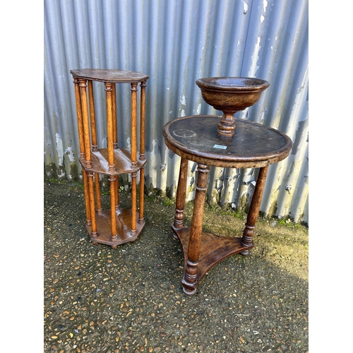 225 - A antique shaving stand together with a three tier whatnot