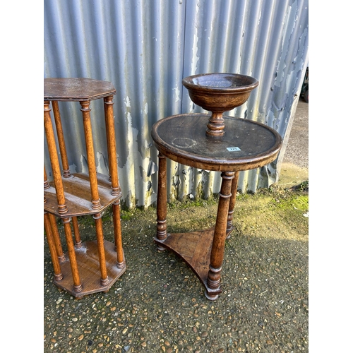 225 - A antique shaving stand together with a three tier whatnot