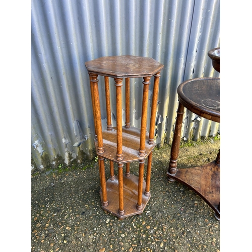 225 - A antique shaving stand together with a three tier whatnot