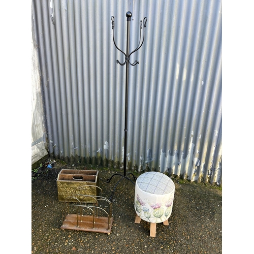 227 - A hallstand, footstool and two brass magazine rack