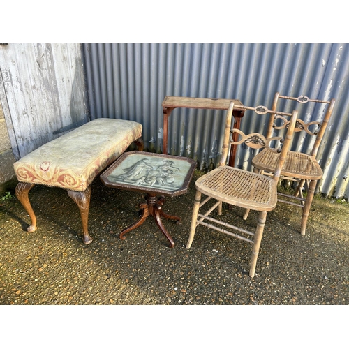 228 - Two mahogany tables, a window seat, stool and two begere chairs