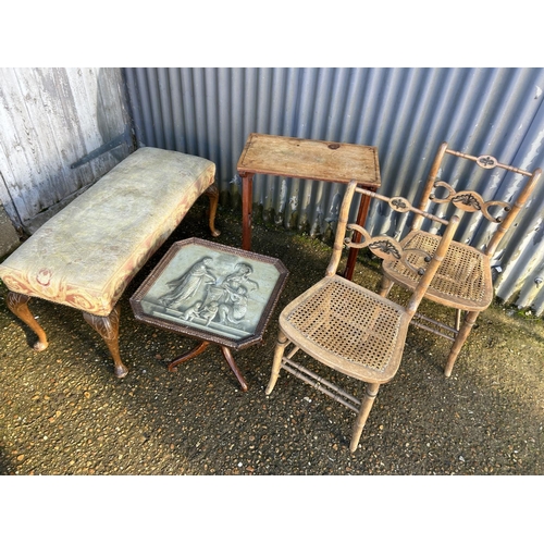 228 - Two mahogany tables, a window seat, stool and two begere chairs