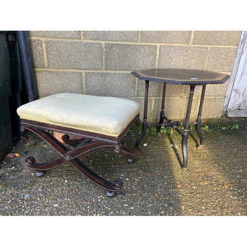 229 - An ebonised walnut occasional table together with a mahogany x frame stool