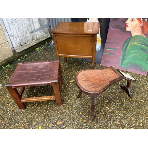 23 - Oak sewing box, stool, shoe step and two unframed paintings