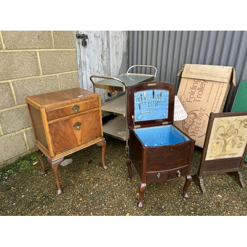 36 - Two retro trollies, sewing box, occasional table, lamp, screen, bedside and two card tables