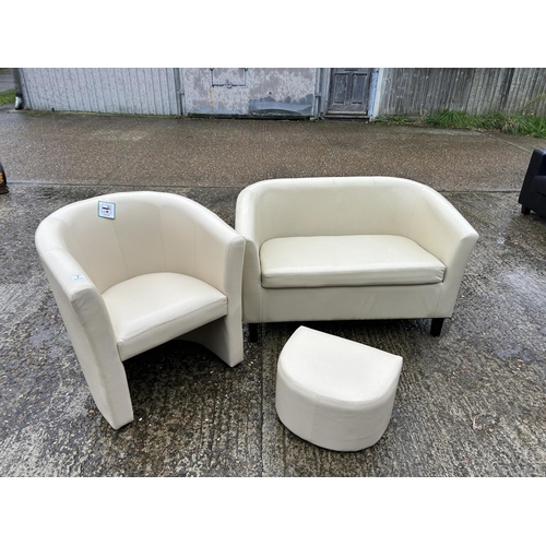 7 - As new ex shop display cream leather effect 2 seater sofa, club chair and matching stool