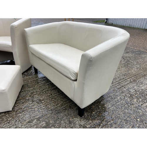 7 - As new ex shop display cream leather effect 2 seater sofa, club chair and matching stool