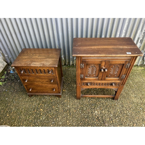 72 - Small linenfold oak cupboard together with matching chest of three drawers