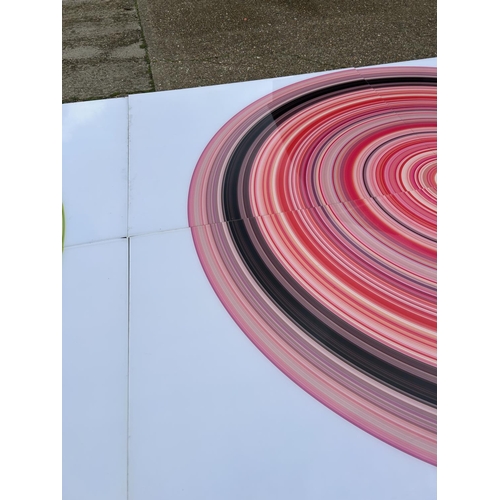 87 - A very large Perspex modern wall art of a red and black circle, made up of four Perspex panels total... 