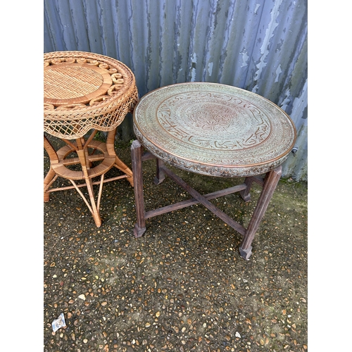 116 - A brass tray top table and a retro wicker table