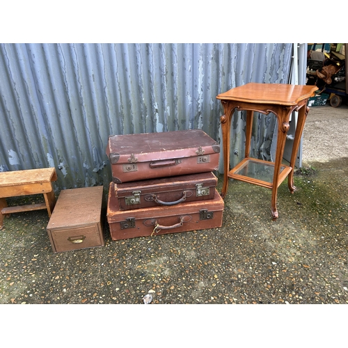 117 - Occasional table, three cases, pine stool and filimg drawer