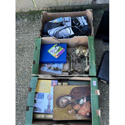 131 - Three trays assorted sundry items, brassware etc and a tv and a case