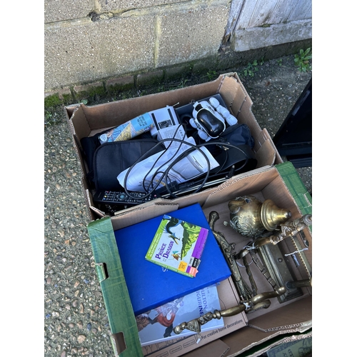 131 - Three trays assorted sundry items, brassware etc and a tv and a case