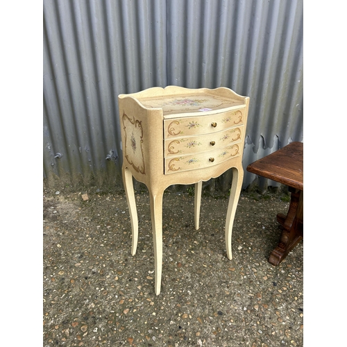 142 - A painted bedside chest of three together with a oak refectory style coffee table