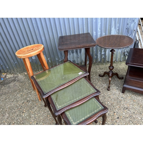 185 - Repro nest of tables, stool, stag bedside and two  mahogany occasional tables