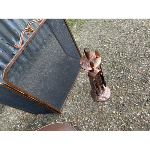 186 - Companion set, fire guard and copper coal bucket