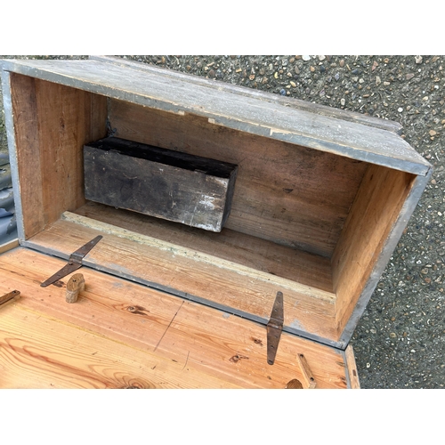 21 - A vintage pine tool trunk 90x90x40 together with a smaller one