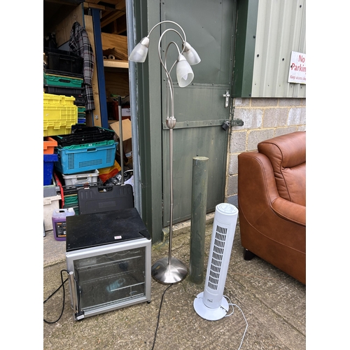 213 - Drinks fridge, tower fan and floor standing lamp