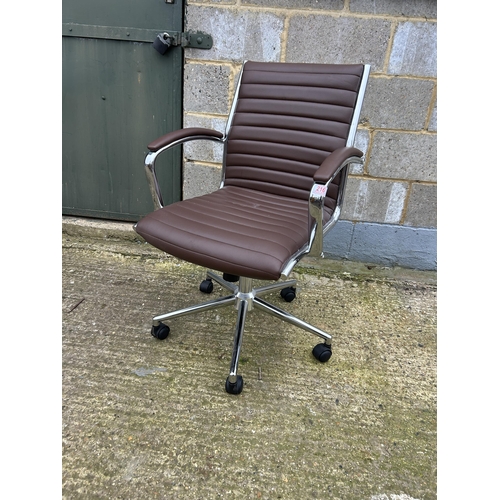 216 - A modern chrome and brown leather desk chair