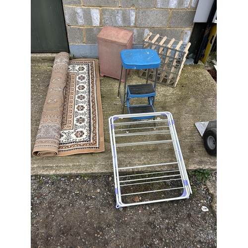 231 - Brown rug, airer, stool step, linen box and wine rack