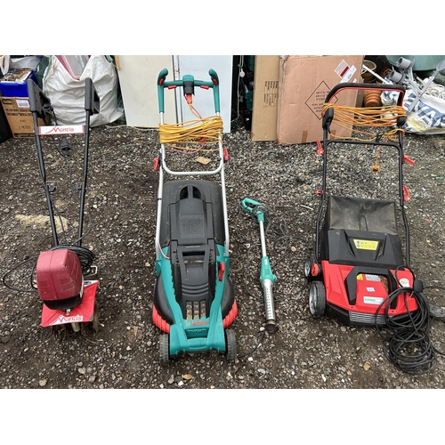 235 - Four electric garden tools including mantis electric rotorvator, bosh mower, weed burner and leaf co... 