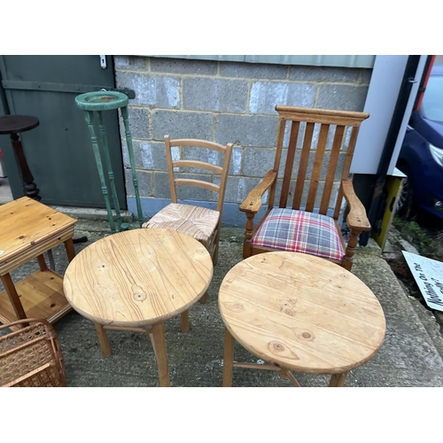 258 - Oak carver, pine chair, two plant stands, three  pine tables and magazine rack