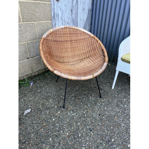 35 - A retro basket chair, painted bedroom chair and ottoman and a brass table lamp