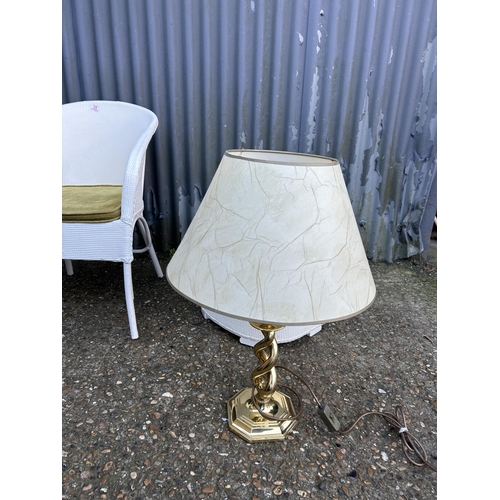 35 - A retro basket chair, painted bedroom chair and ottoman and a brass table lamp