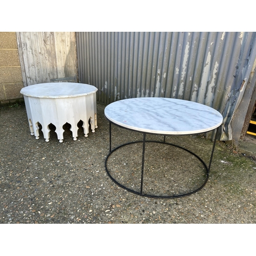 44 - A modern circular marble top coffee table together with a white painted coffee table