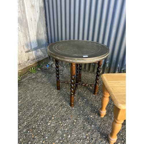 54 - An oak barley twist table with brass tray together with a beach bench seat