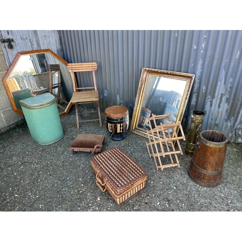 78 - Two large mirrors, bongo, folding chair, linen box, wine rack and two stick stands