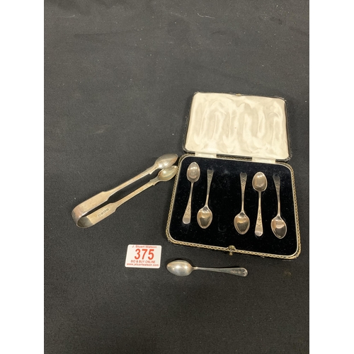 375 - Cased Set of six Hallmarked Silver Coffee Spoons and pair of Hallmarked Silver Sugar Tongs, total we... 