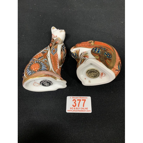 377 - Royal Crown Derby Two paperweights Cat and Red Squirrel, tallest 14 cms