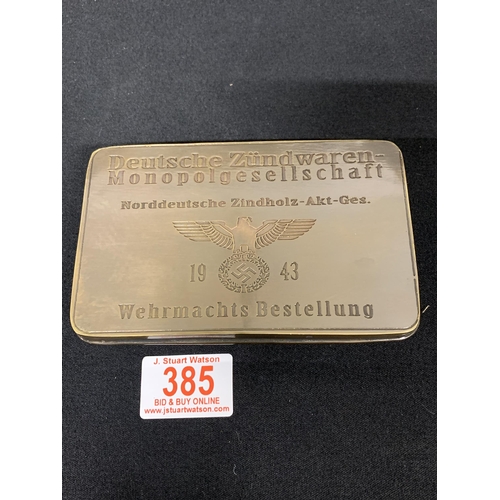 385 - Reproduction German Brass Tobacco Box dated 1943, 13 x 8 x 3 cms