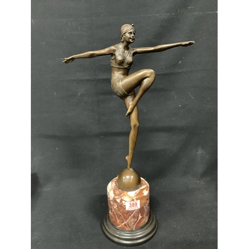 389 - Bronze Deco Style Girl Figure on marble plinth, height 56 cms