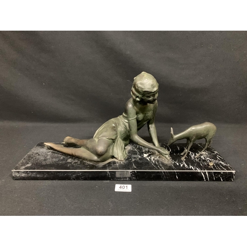 401 - Early 20th century coloured bronze figure of a girl and a fawn on marble base, length of base 56 x 1... 