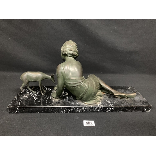 401 - Early 20th century coloured bronze figure of a girl and a fawn on marble base, length of base 56 x 1... 