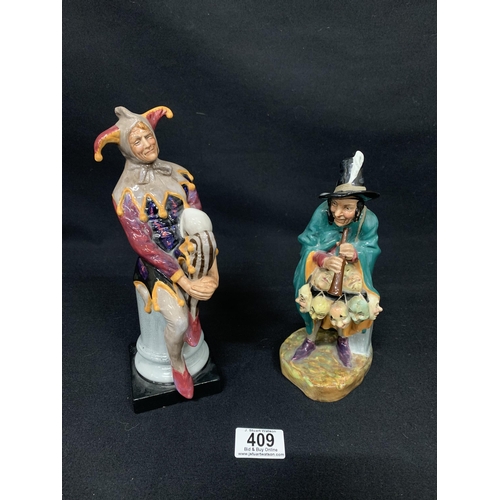 409 - 2 Royal Doulton figures, The Jester and The Mask seller, tallest 25cms