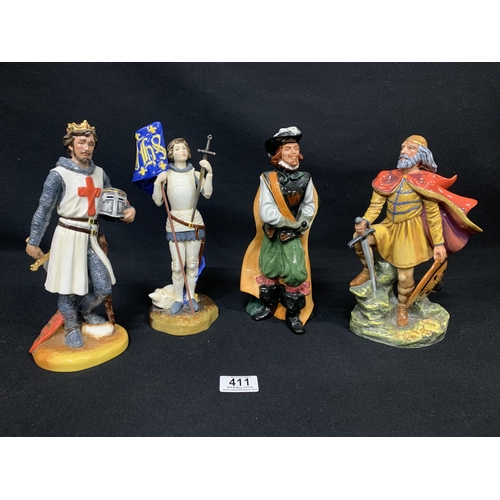 411 - 4 Royal Doulton figures, Alfred The Great, Cavalier, Joan of Arc, and Richard the Lion Heart, talles... 