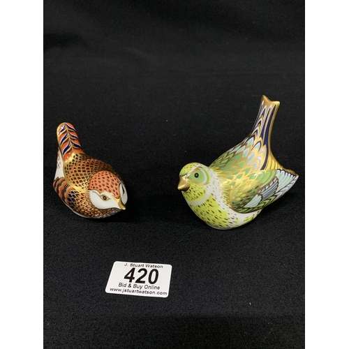 420 - Royal Crown Derby Greenfinch and Wren paperweights