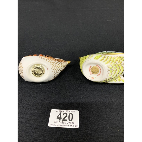 420 - Royal Crown Derby Greenfinch and Wren paperweights