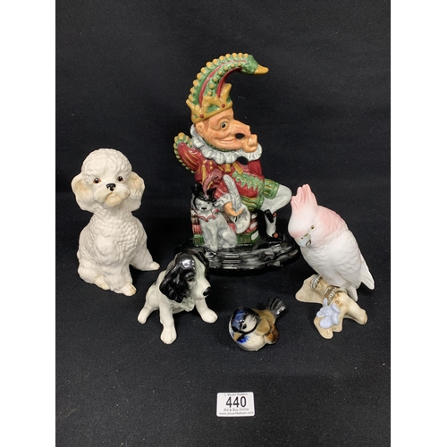 440 - 2 Sylvac dogs, Goebel blue tit, Dux Parakeet and Staffordshire Mr Punch, height 30cms