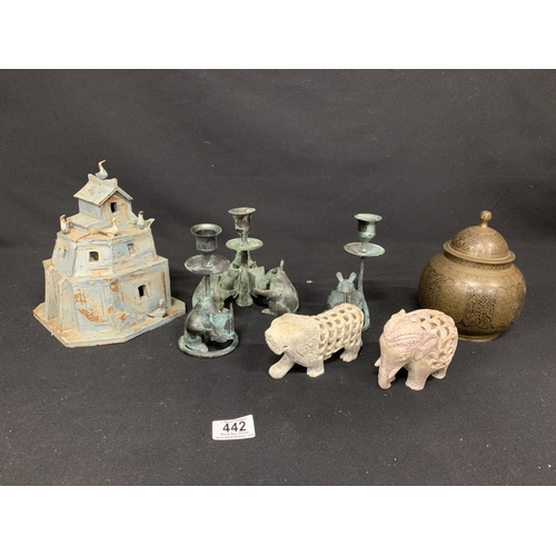 442 - 3 Verdigris mouse candle sticks, 2 carved stone animals, brass jar and pottery Mill