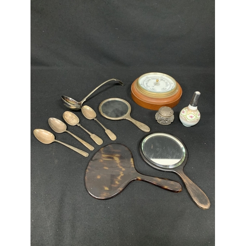 443 - Barometer, silver topped jar, scent, 3 mirrors, ladle and spoons