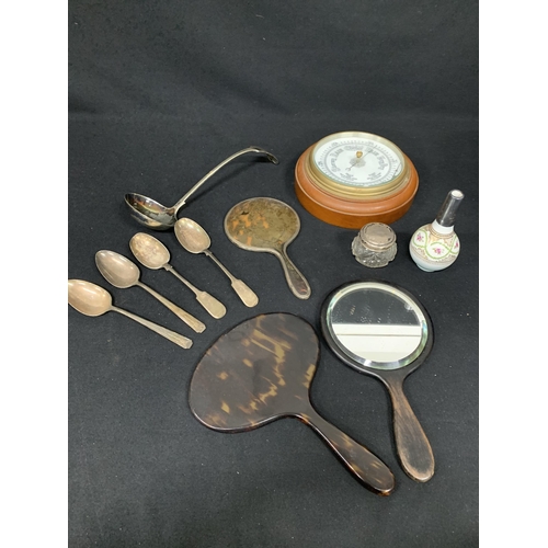 443 - Barometer, silver topped jar, scent, 3 mirrors, ladle and spoons