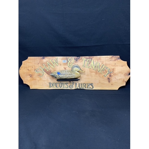 458 - Decorative wooden sign, Shaw and Tenney decoys and lures, length 114cms