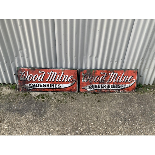 483 - 2 vintage enamel signs,  Wood Milne shoe shines and Wood Milne Rubber heels, each 91  x 38cms