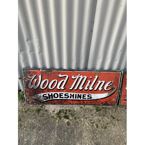 483 - 2 vintage enamel signs,  Wood Milne shoe shines and Wood Milne Rubber heels, each 91  x 38cms