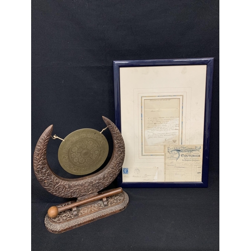 485 - Brass and wooden gong and framed French solicitor Letter dated 1857