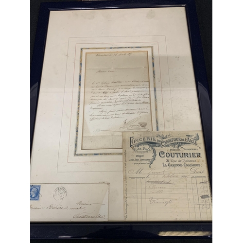 485 - Brass and wooden gong and framed French solicitor Letter dated 1857